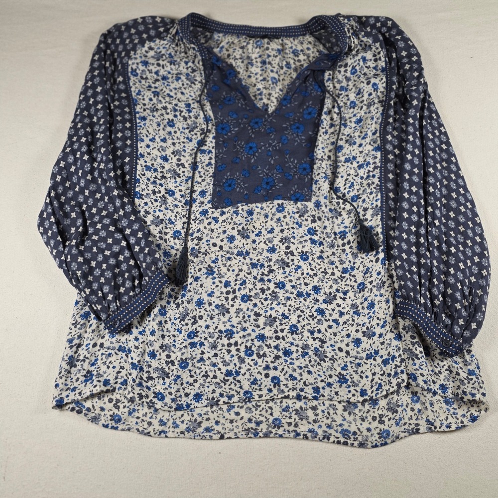 Lucky Brand Womens Blue Floral Mixed Print Peasant Blouse Tassel Top  M sku 427